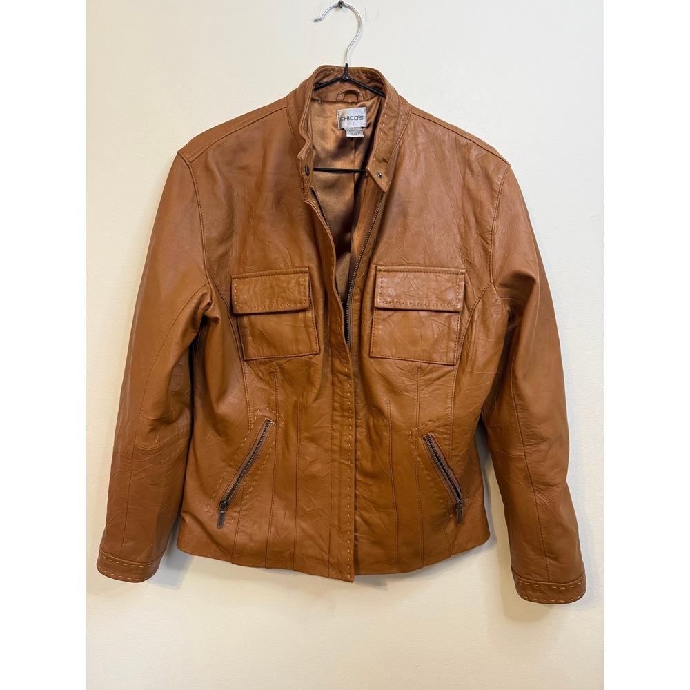 Chicos Women's Size 1 Brown Genuine Leather Jacket Stitch Detail Zip Mock Neck